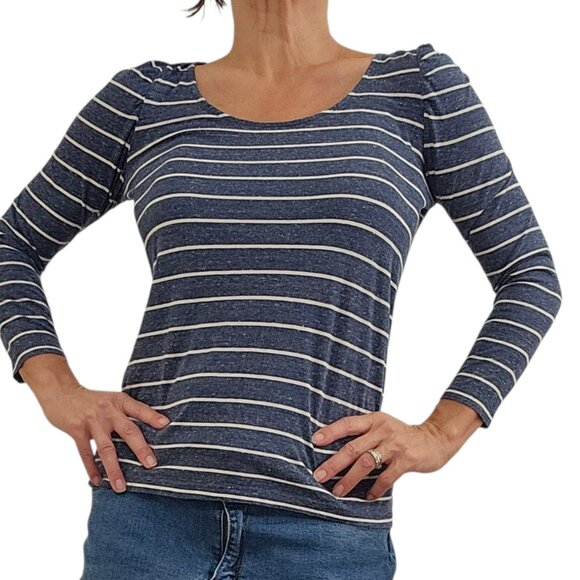 LOFT Blue Gray White Stripe Knit Nautical Stretch Top Size Womens XS / SMALL - Picture 1 of 6